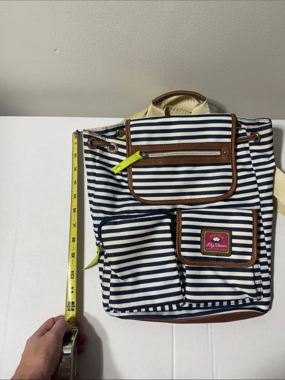 Lily Bloom Navy & White Striped Backpack with Brown Trim